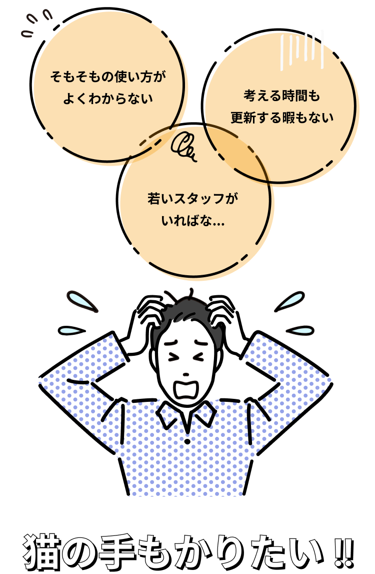 普段の仕事をしながらSNS更新なんて無理!投稿しようとしても忘れちゃう・・・。SNSしないから投稿するのも一苦労だよ!猫の手もかりたい!