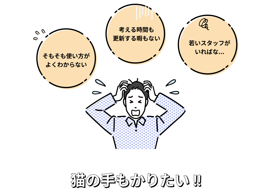 普段の仕事をしながらSNS更新なんて無理!投稿しようとしても忘れちゃう・・・。SNSしないから投稿するのも一苦労だよ!猫の手もかりたい!