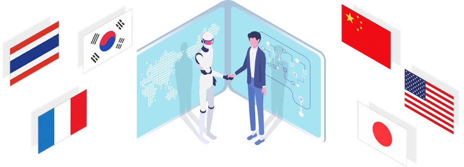 多言語対応のイメージ（国旗とロボット）